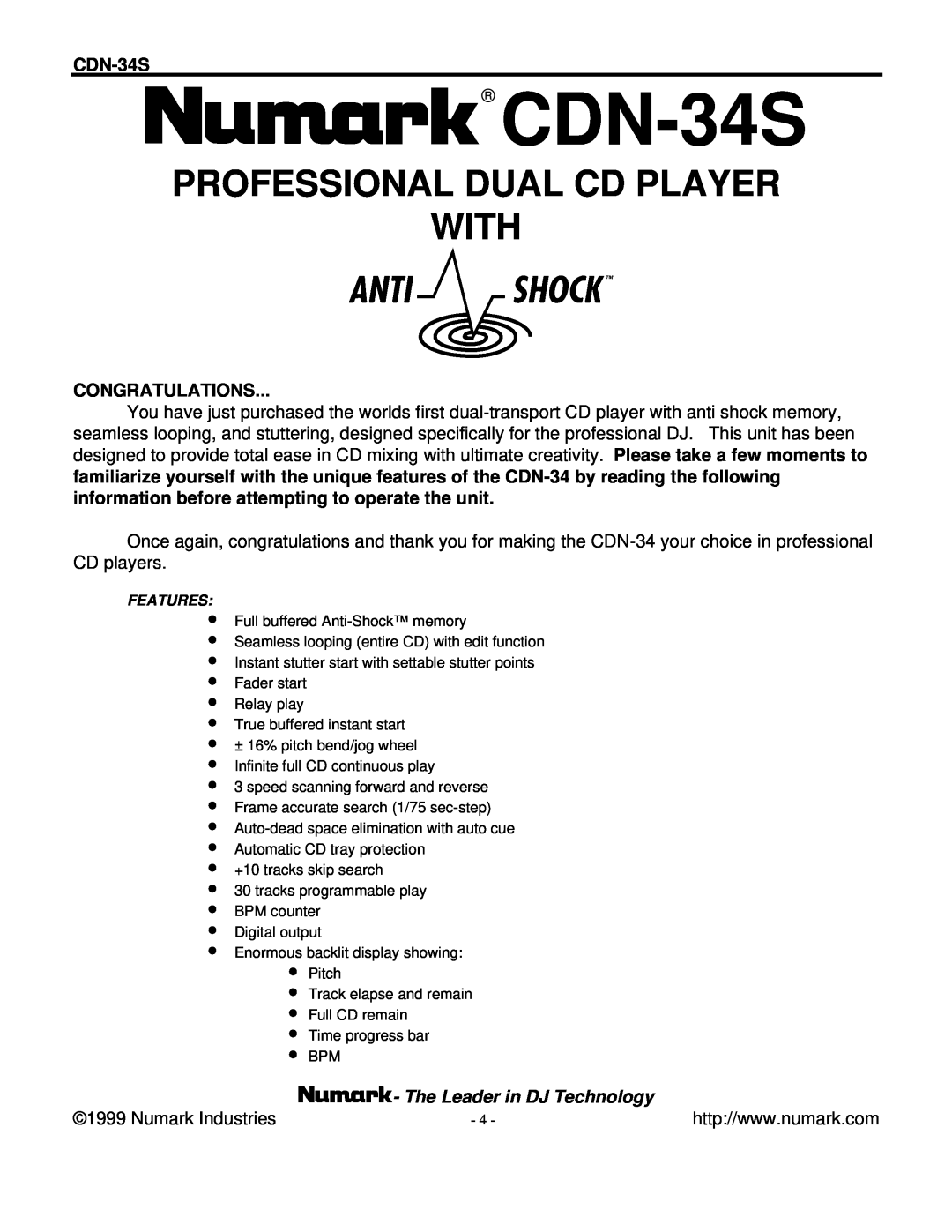 Numark Industries CDN-34S manual Congratulations, Professional Dual Cd Player With, The Leader in DJ Technology 