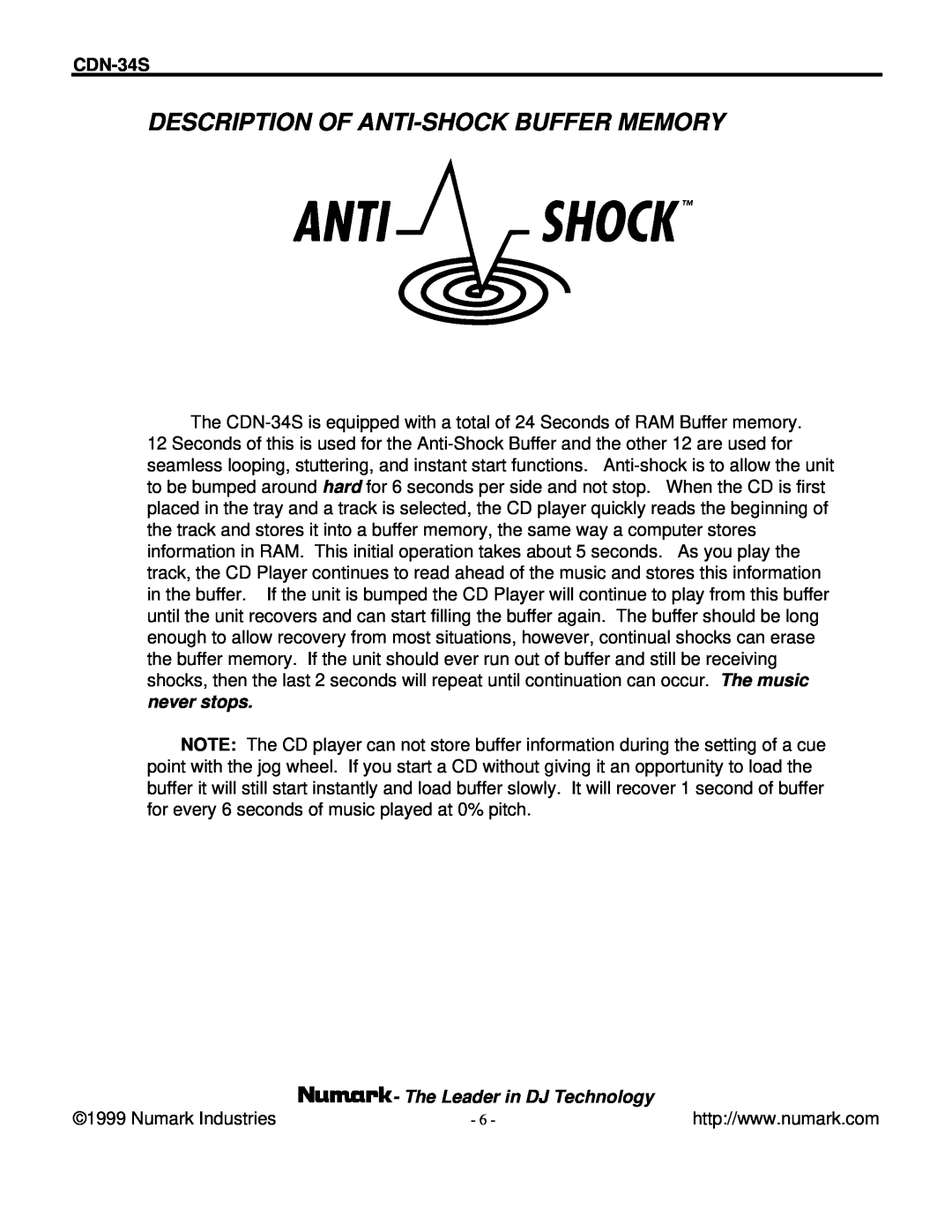 Numark Industries CDN-34S manual Description Of Anti-Shockbuffer Memory, The Leader in DJ Technology 