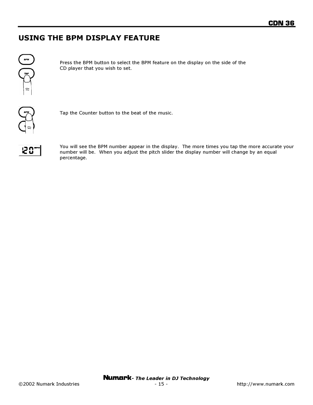 Numark Industries CDN 36 owner manual Using the BPM Display Feature 