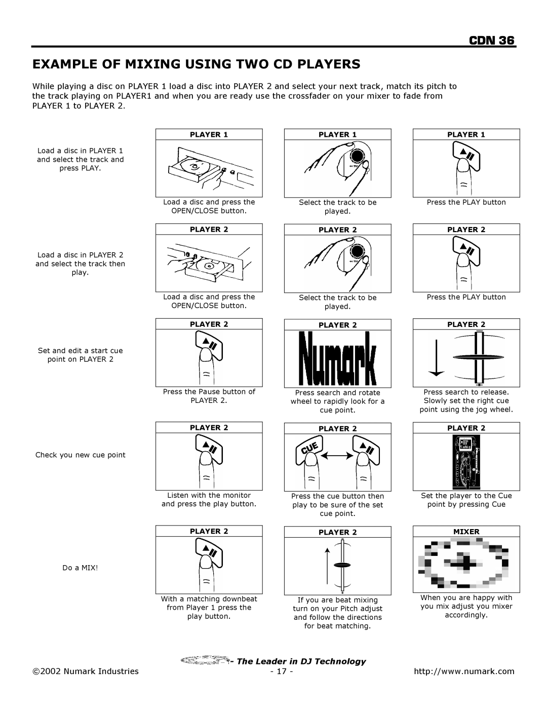 Numark Industries CDN 36 owner manual Example of Mixing Using TWO CD Players 