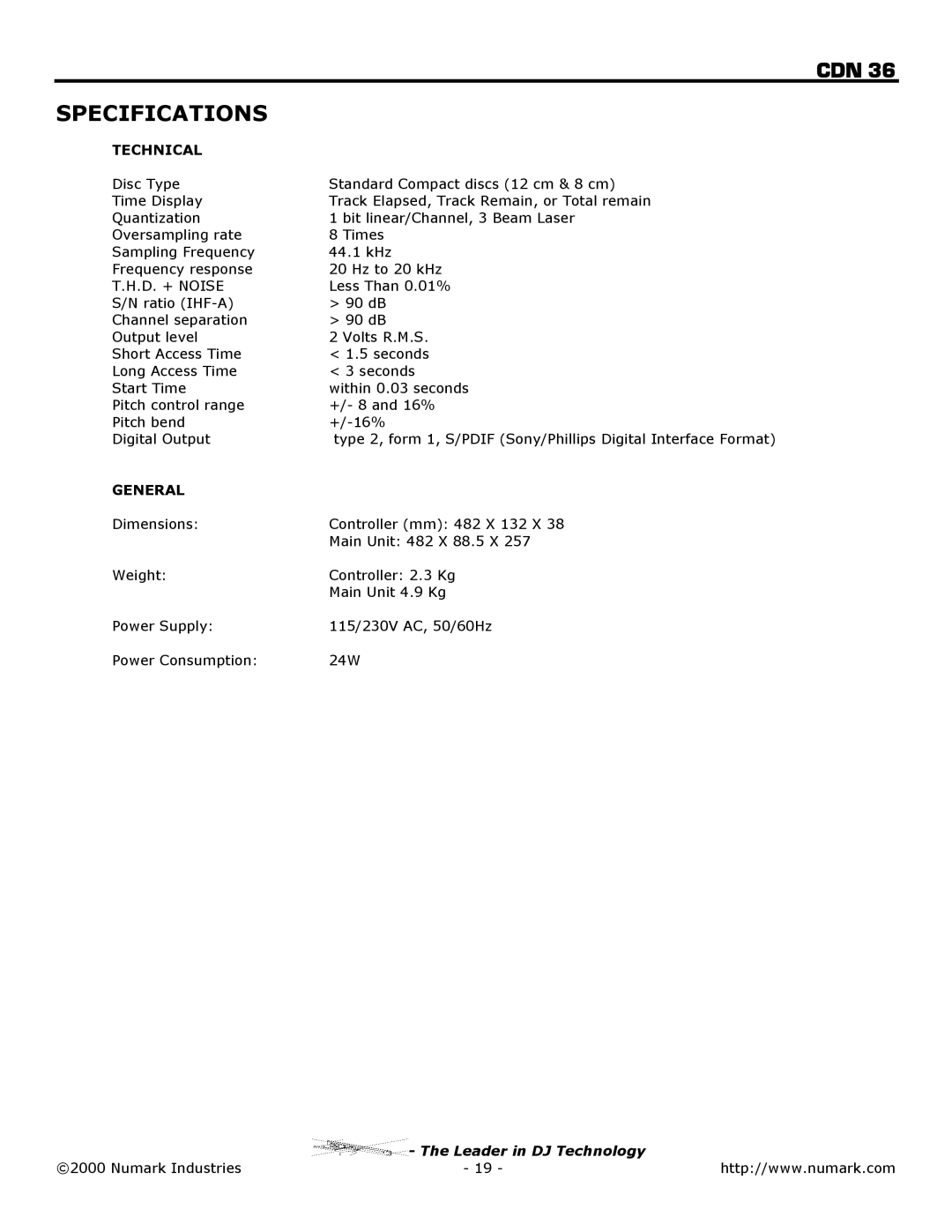 Numark Industries CDN 36 owner manual Specifications, Technical, General 