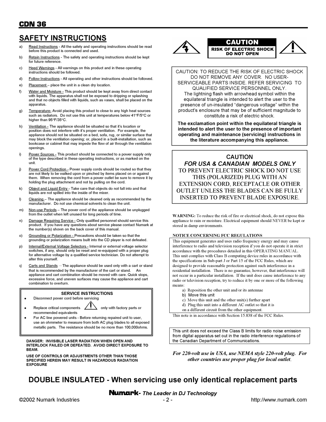 Numark Industries CDN 36 owner manual Safety Instructions 