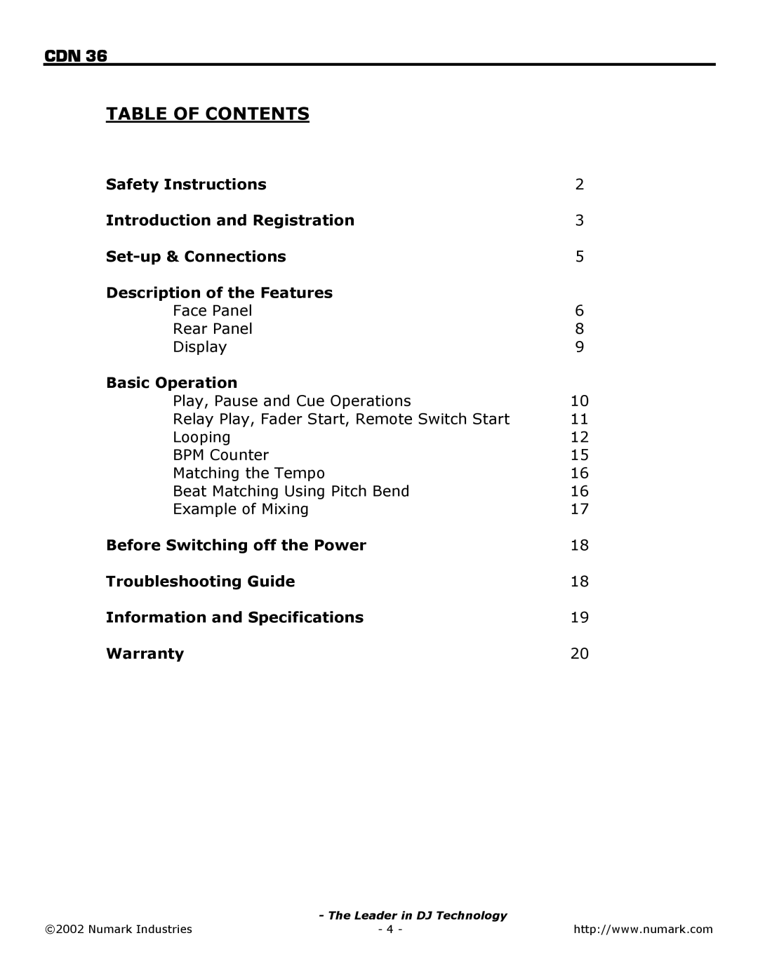 Numark Industries CDN 36 owner manual Table of Contents 