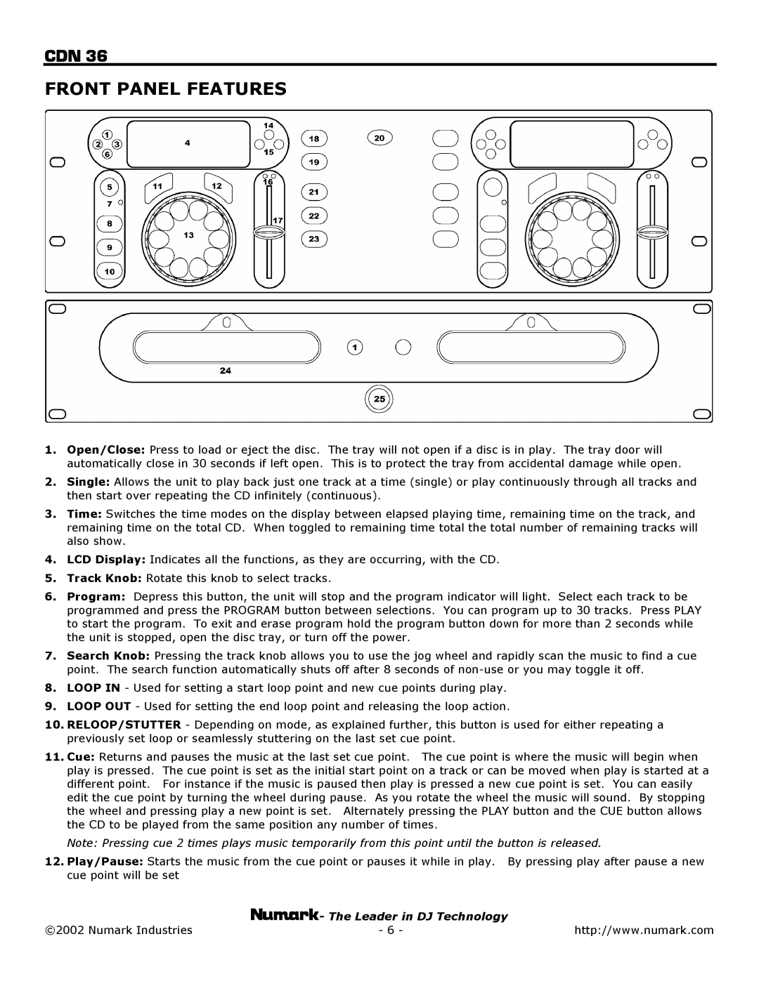 Numark Industries CDN 36 owner manual Front Panel Features 