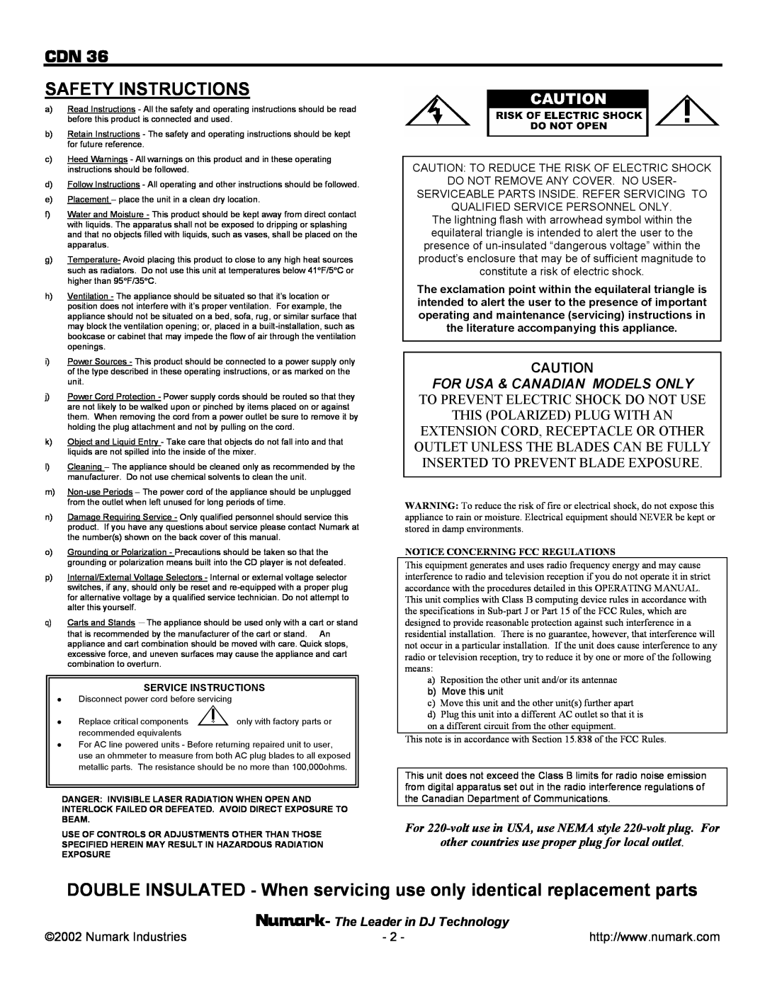 Numark Industries CDN 36 Cdn Safety Instructions, For Usa & Canadian Models Only, To Prevent Electric Shock Do Not Use 