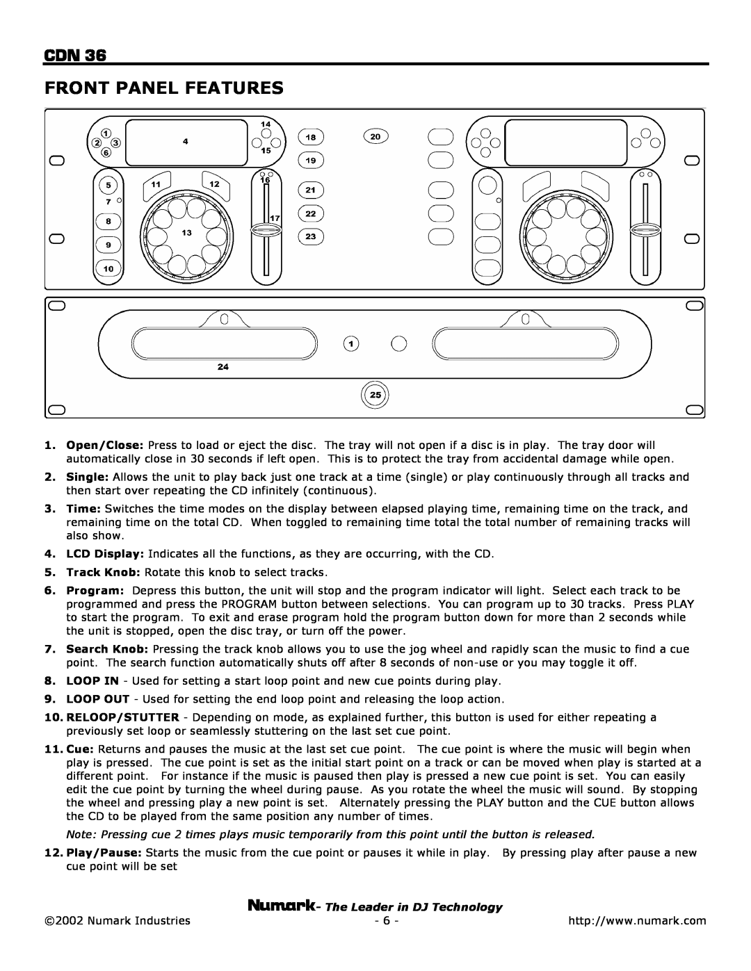 Numark Industries CDN 36 owner manual Front Panel Features 