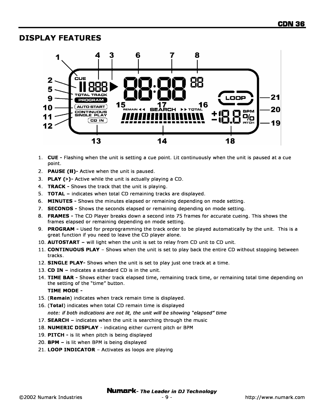 Numark Industries CDN 36 owner manual Display Features, Time Mode 