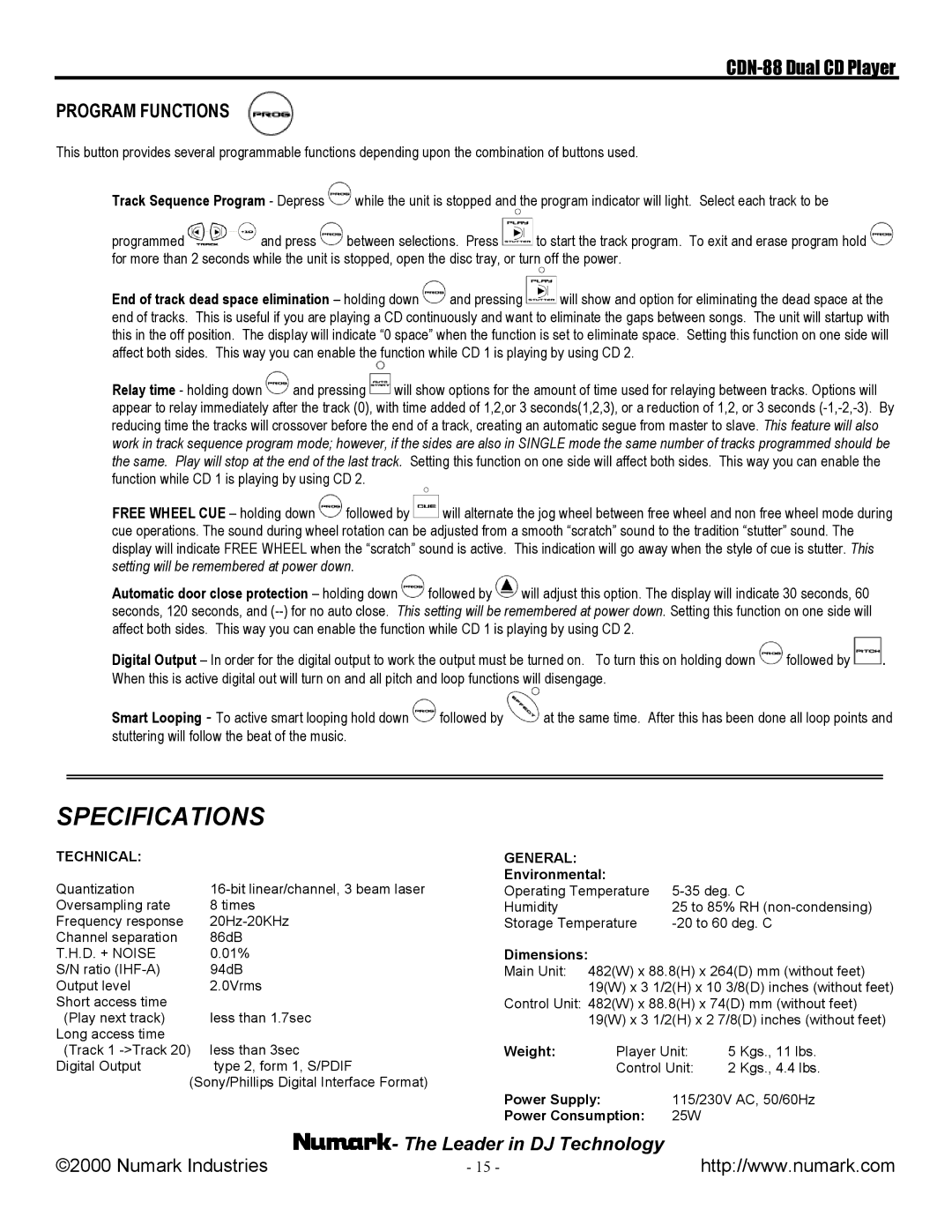 Numark Industries CDN-88 manual Program Functions, General 