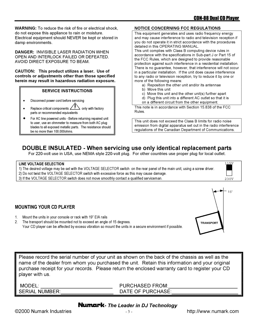 Numark Industries CDN-88 manual Mounting Your CD Player, Service Instructions, Line Voltage Selection 