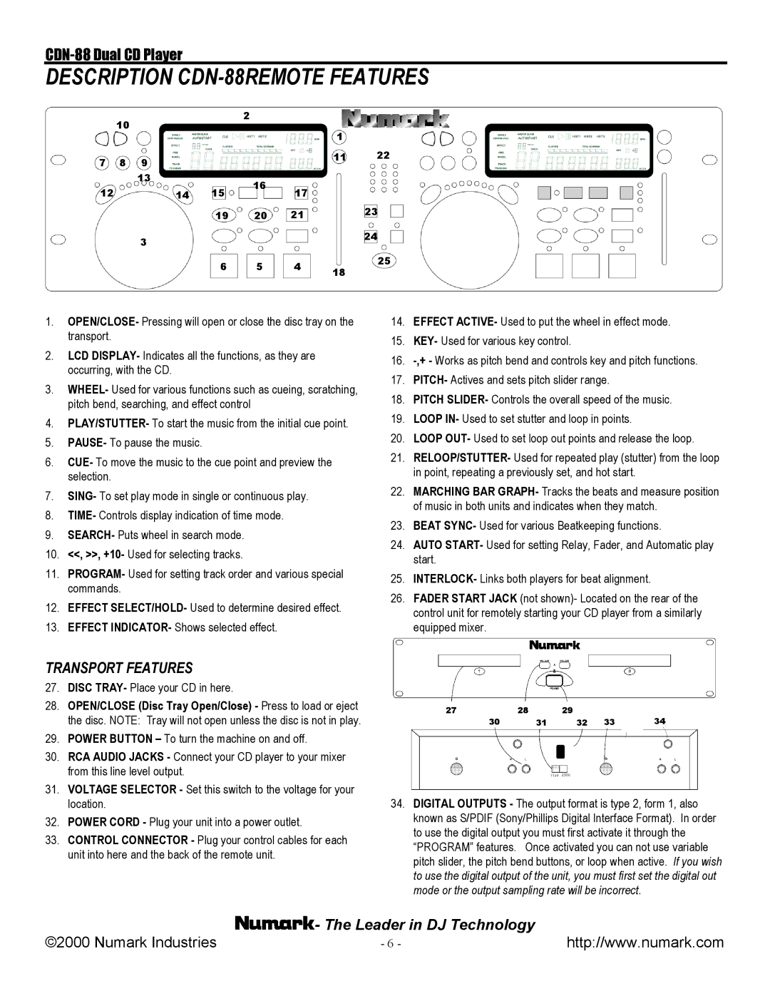 Numark Industries manual Description CDN-88REMOTE Features 