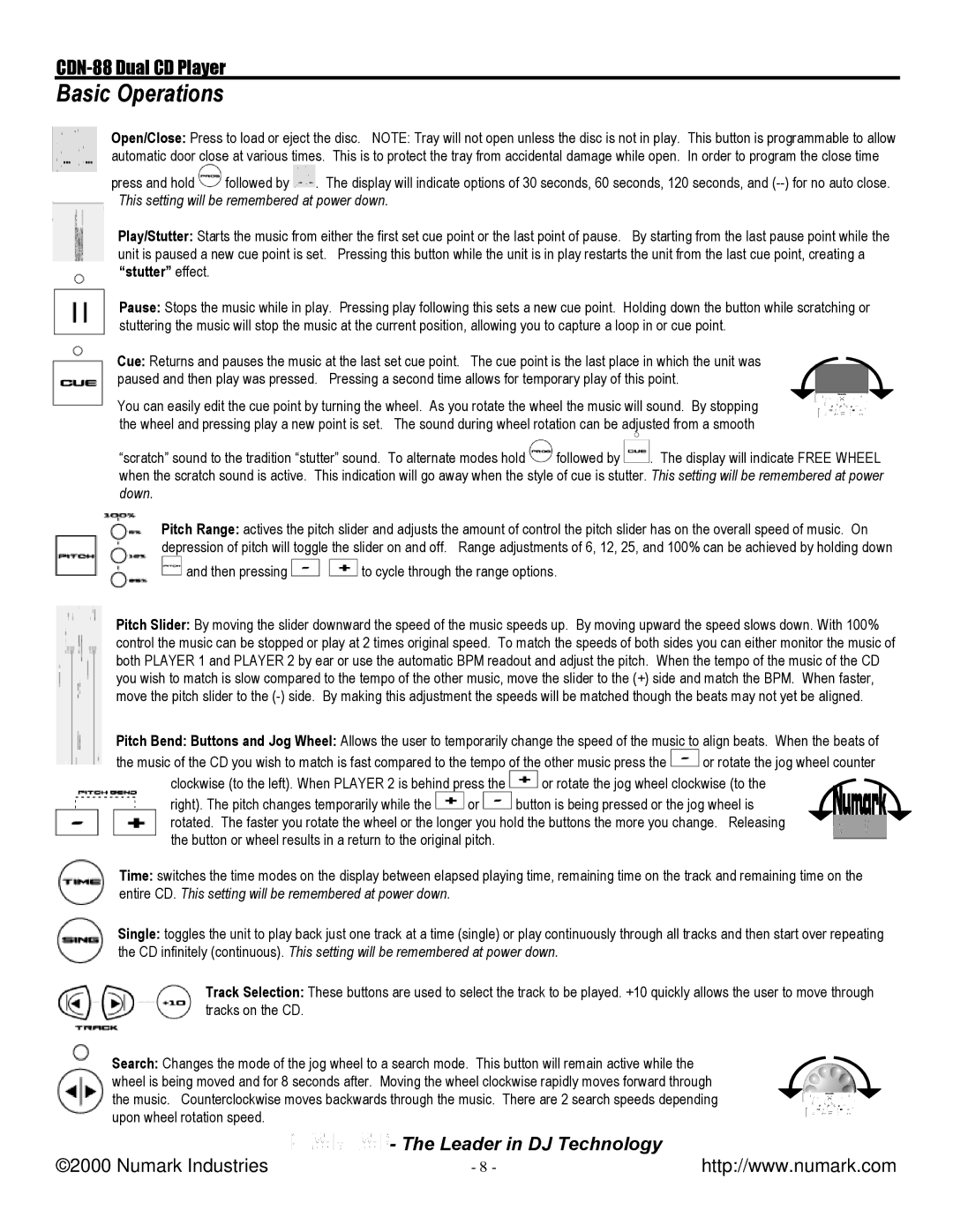 Numark Industries CDN-88 manual Basic Operations 