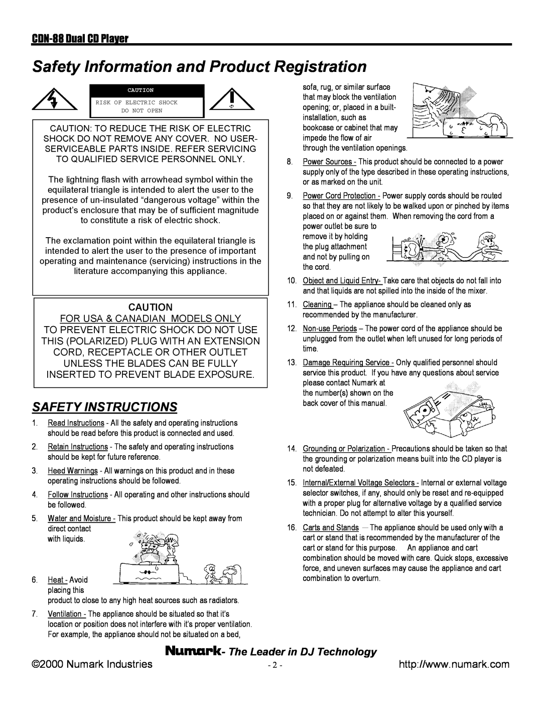 Numark Industries manual Safety Information and Product Registration, CDN-88Dual CD Player, The Leader in DJ Technology 