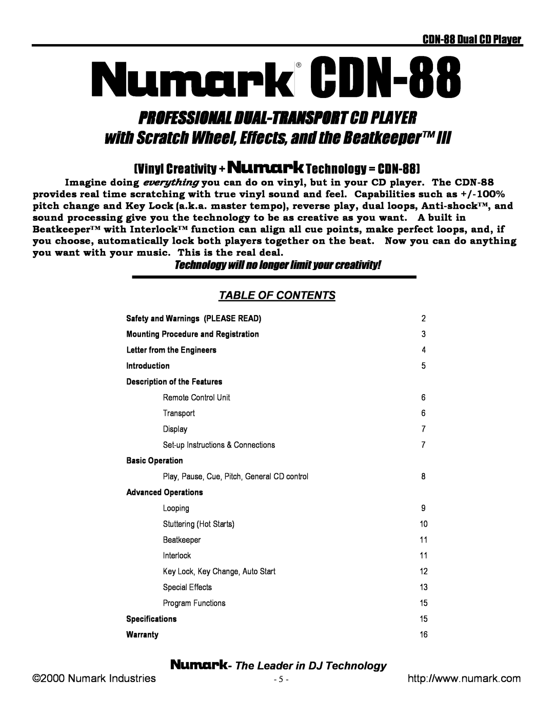 Numark Industries Table Of Contents, Professional Dual-Transport Cd Player, Vinyl Creativity + Technology = CDN-88 