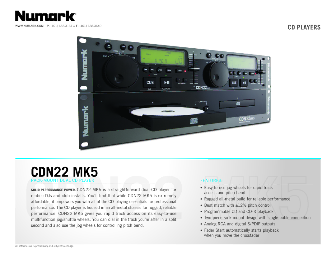 Numark Industries CDN22 MK5 manual CD Players 