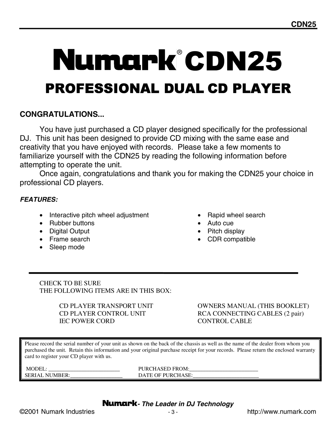 Numark Industries CDN25 manual 