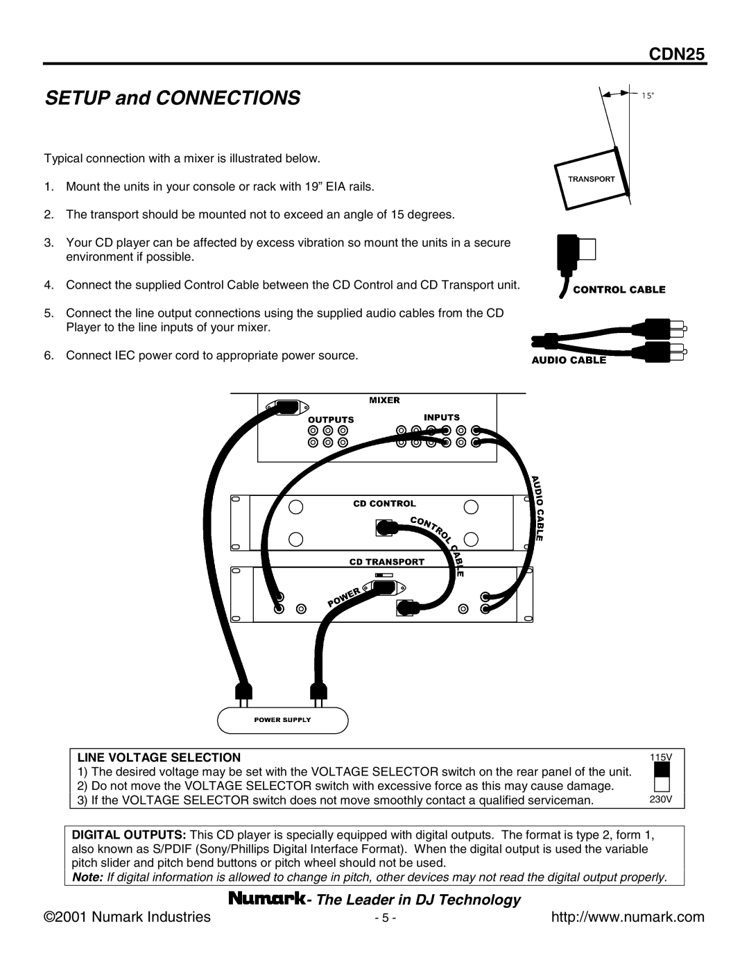 Numark Industries CDN25 manual Setup and Connections 