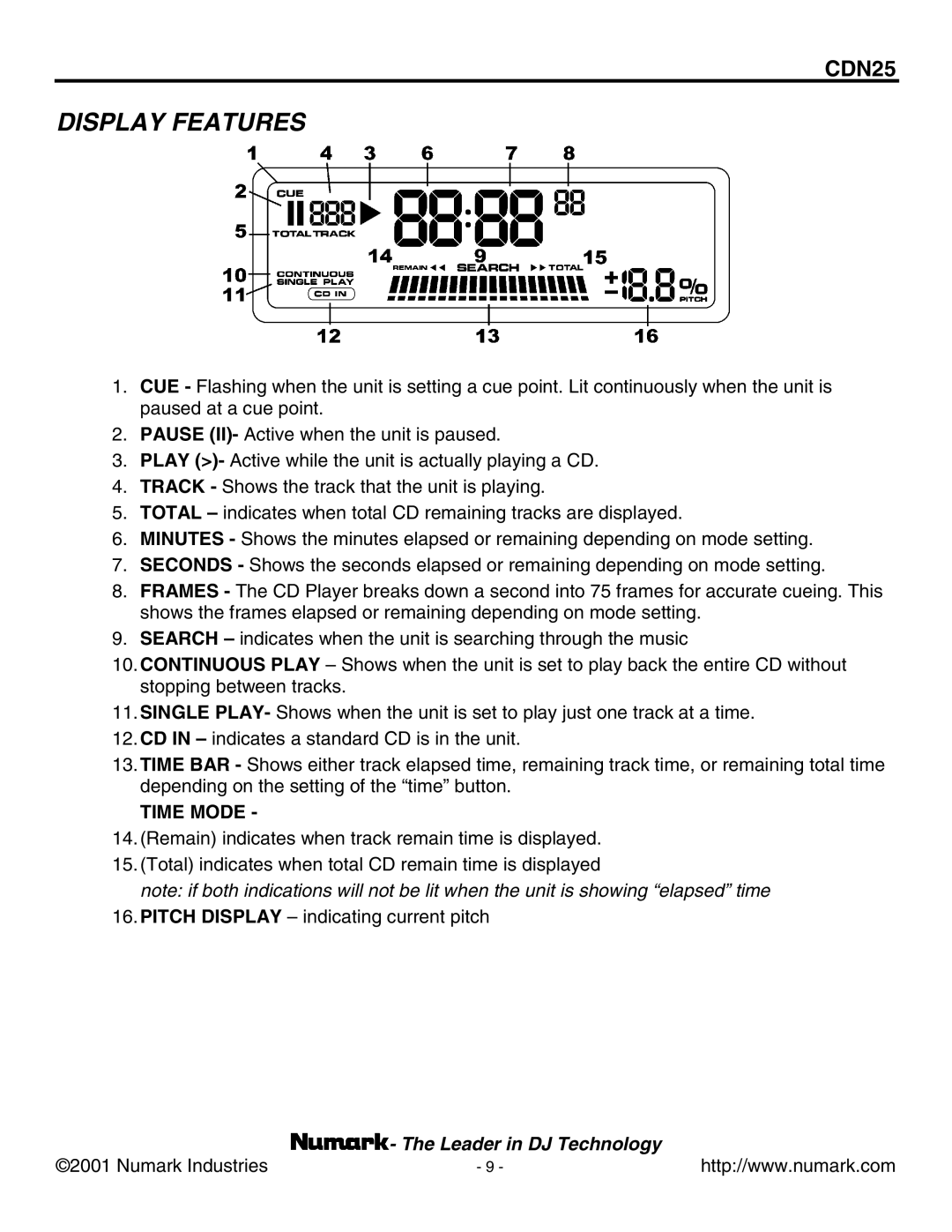 Numark Industries CDN25 manual Display Features, Time Mode 