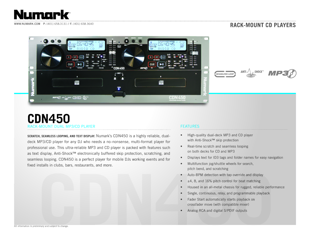 Numark Industries CDN450 manual Rack-Mount Dual MP3/CD Player, Features 