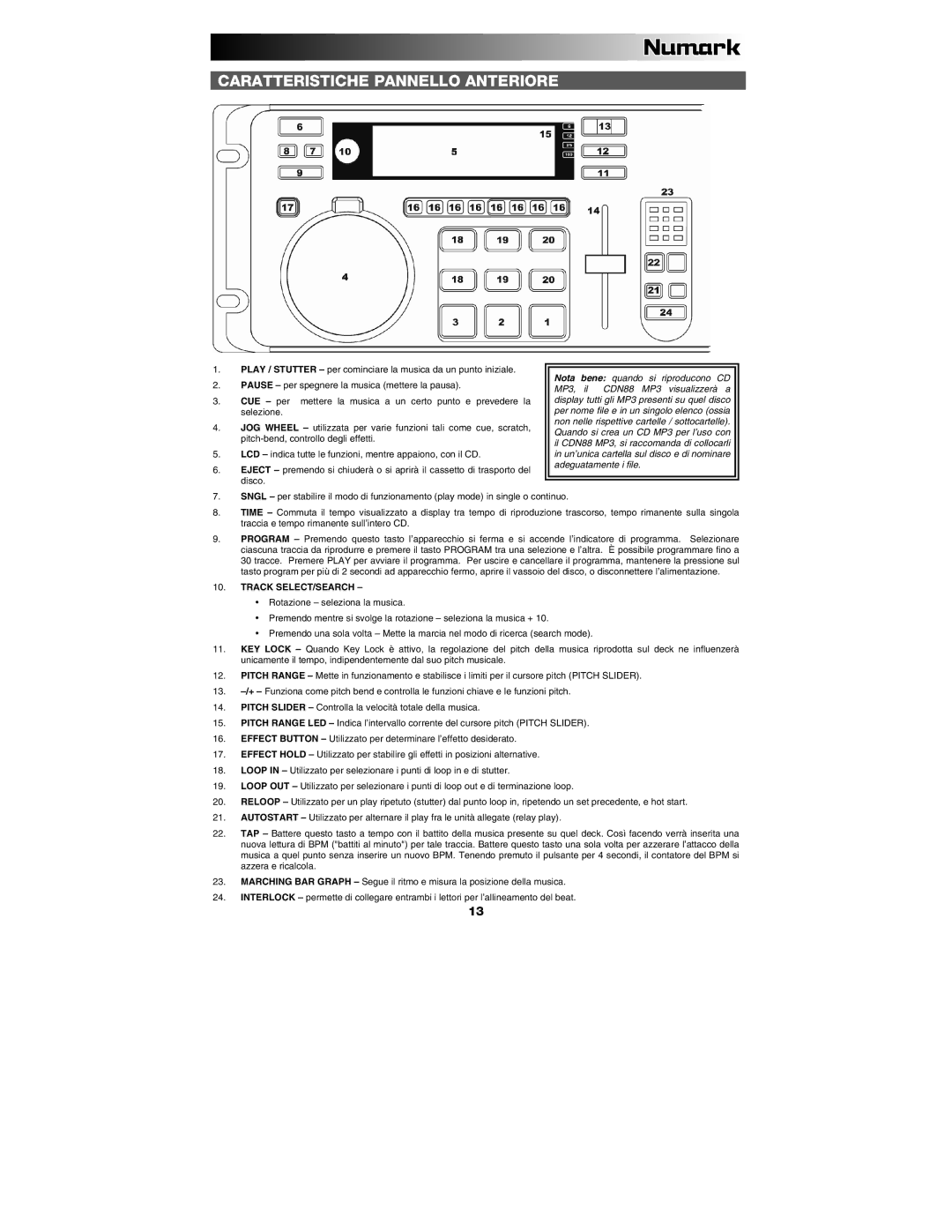 Numark Industries CDN88 quick start Caratteristiche Pannello Anteriore 