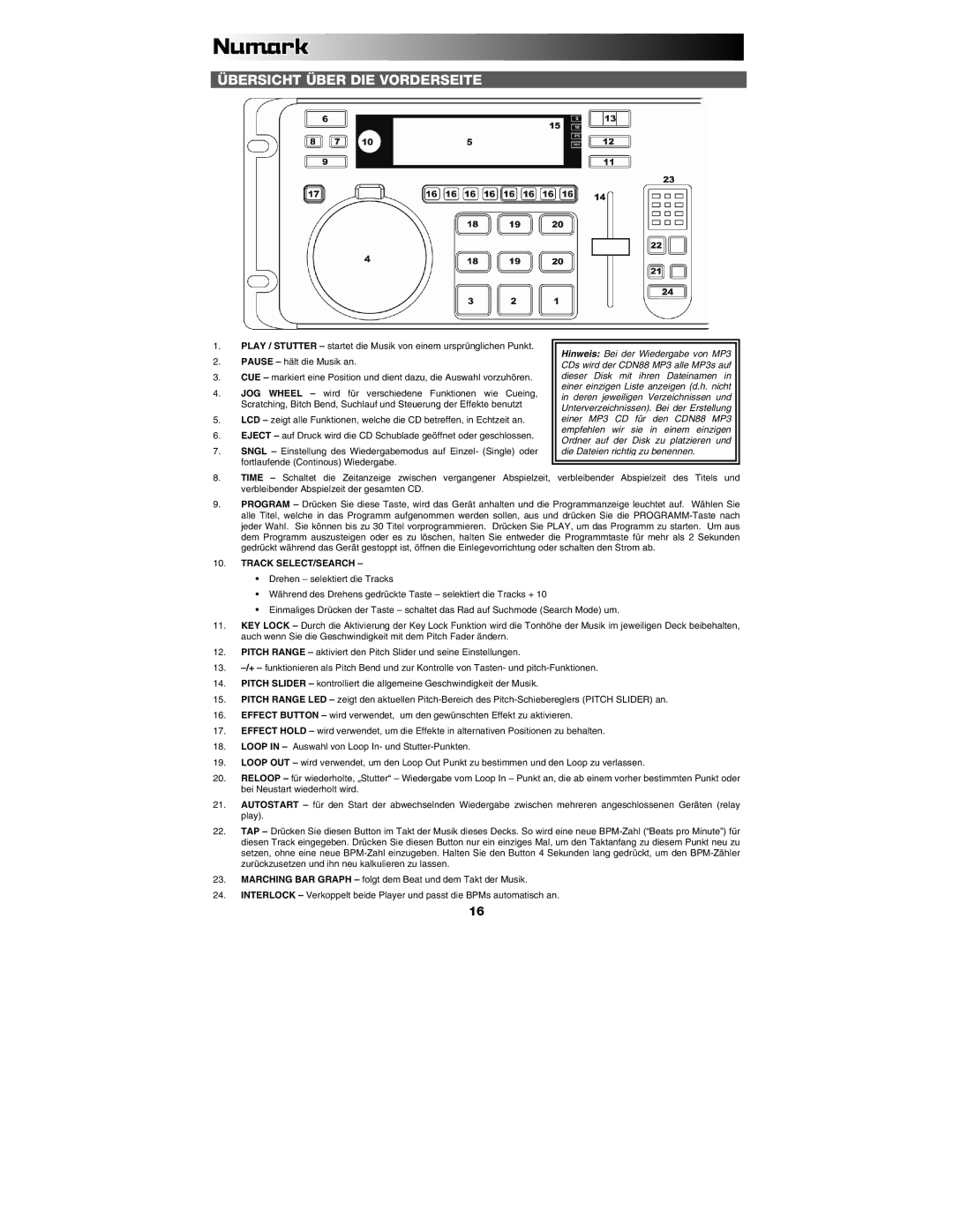 Numark Industries CDN88 quick start Übersicht Über DIE Vorderseite 