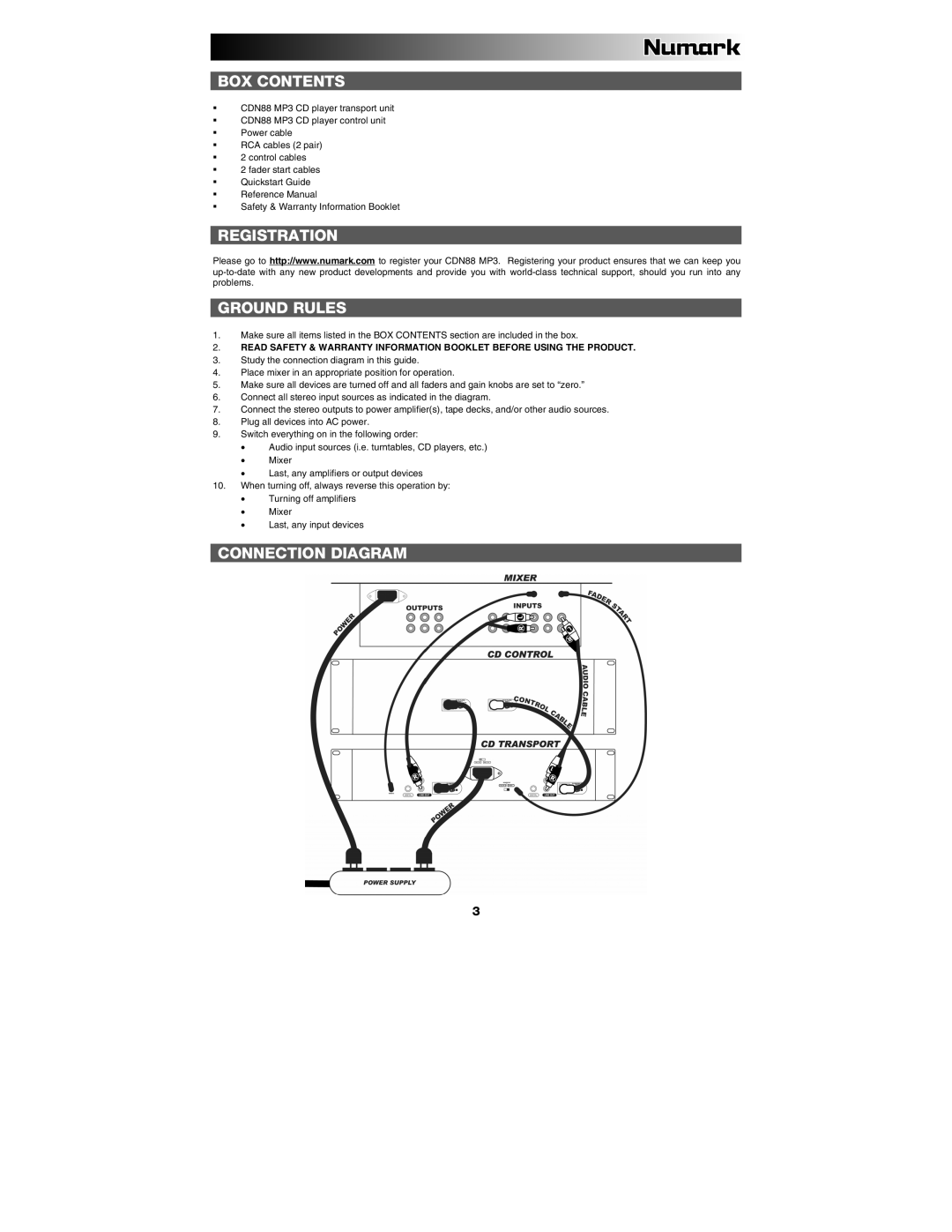 Numark Industries CDN88 quick start BOX Contents, Registration Ground Rules, Connection Diagram 