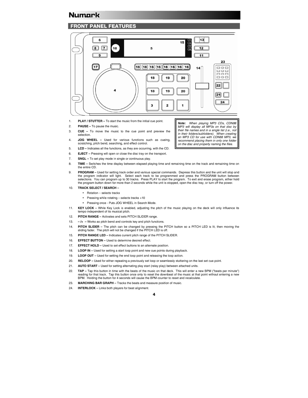 Numark Industries CDN88 quick start Front Panel Features, Track Select / Search 