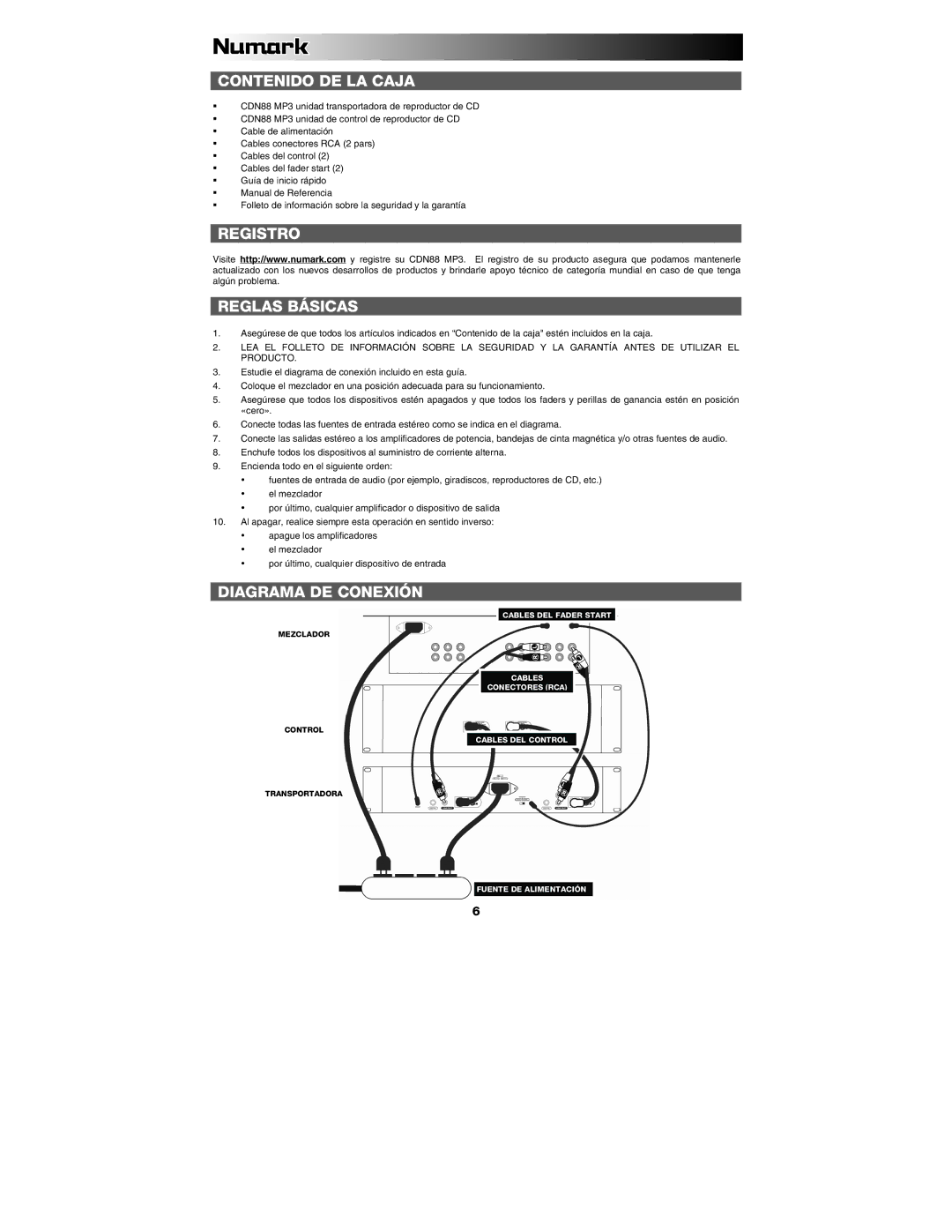 Numark Industries CDN88 quick start Contenido DE LA Caja, Registro Reglas Básicas, Diagrama DE Conexión 