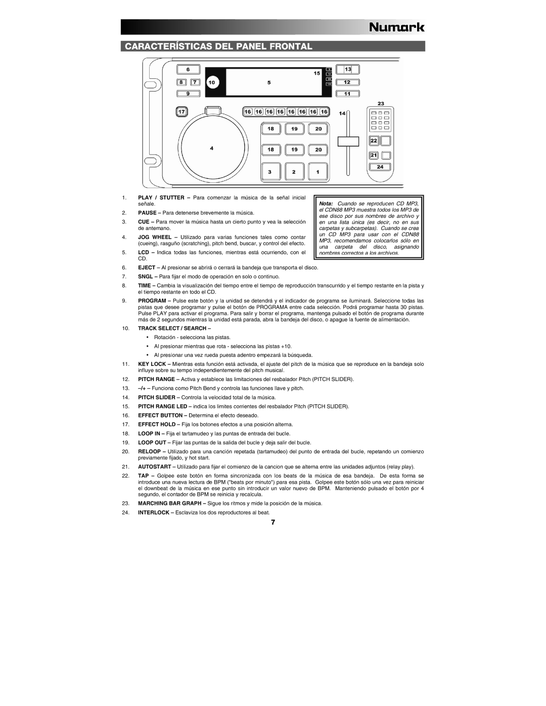 Numark Industries CDN88 quick start Características DEL Panel Frontal 