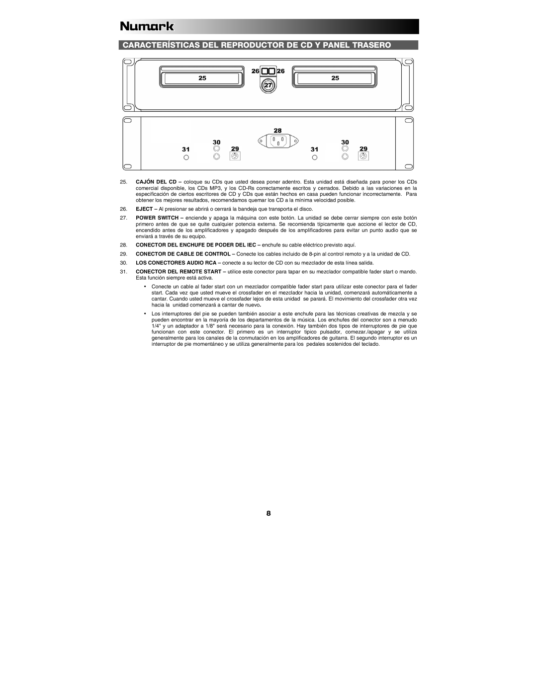 Numark Industries CDN88 quick start Características DEL Reproductor DE CD Y Panel Trasero 