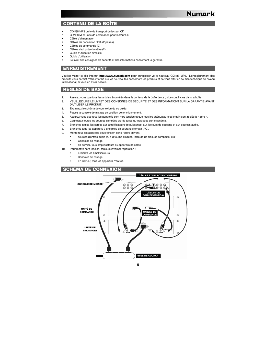 Numark Industries CDN88 quick start Contenu DE LA Boîte, Enregistrement Règles DE Base, Schéma DE Connexion 