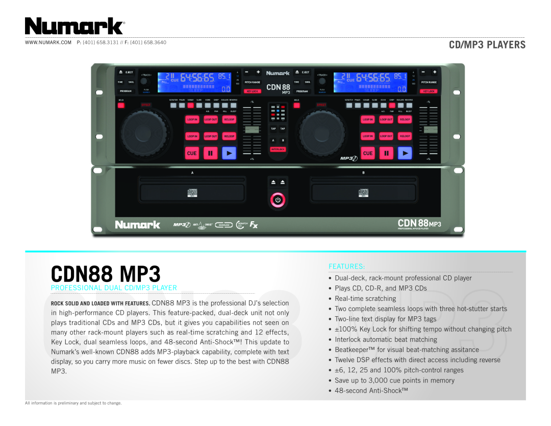 Numark Industries CDN88 manual CD/MP3 Players, Professional ual C /MP3 Player, Features 