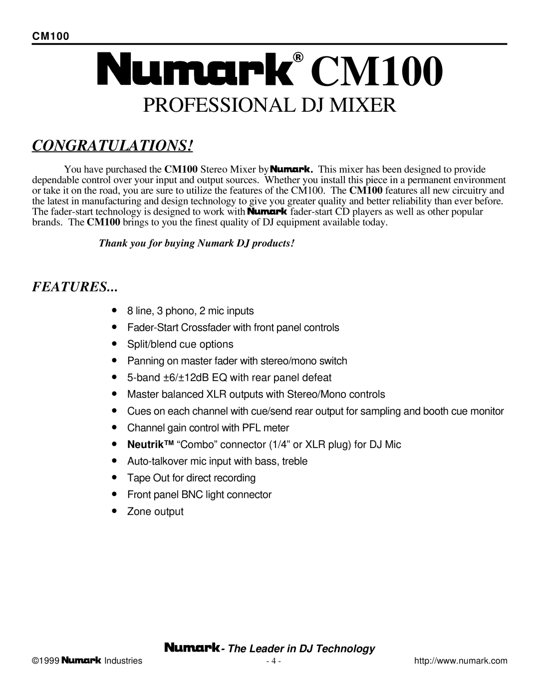 Numark Industries CM-100 user manual CM100, Features 