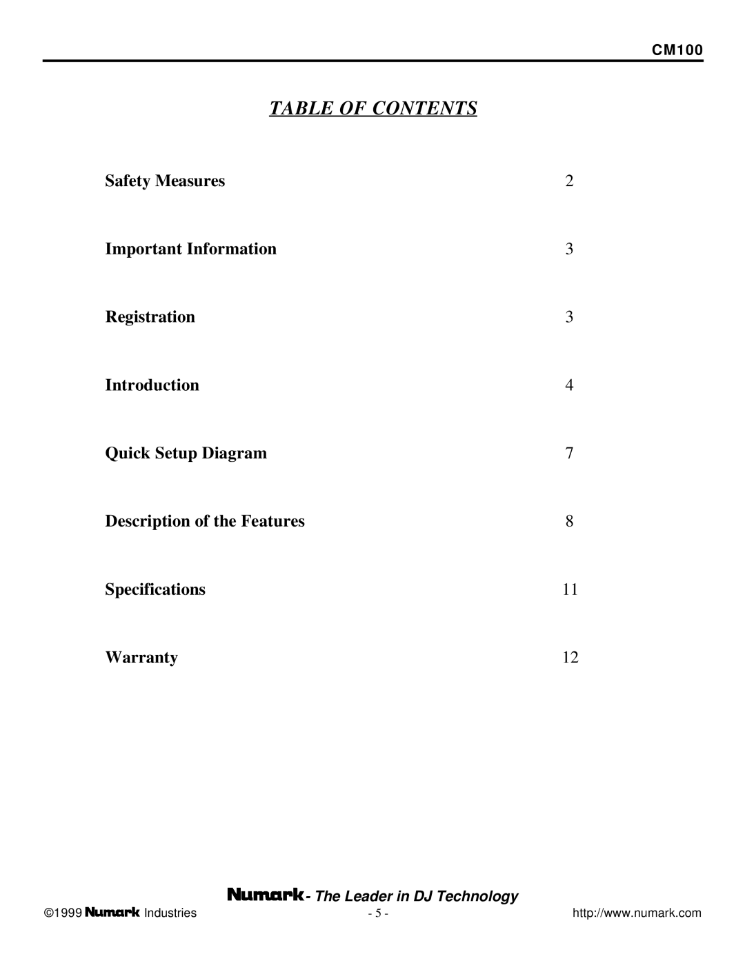 Numark Industries CM-100 user manual Table of Contents 