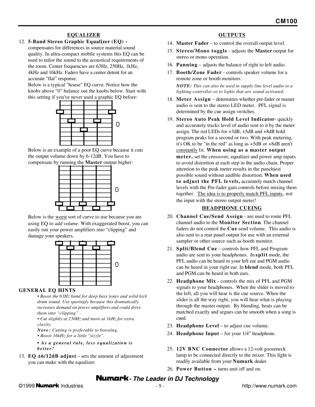 Numark Industries CM-100 user manual Equalizer 