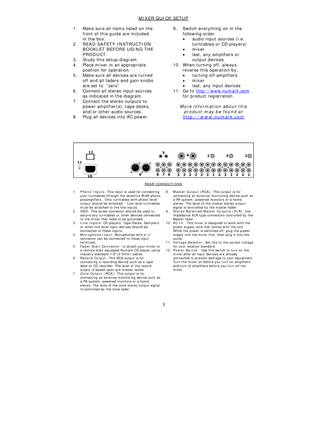 Numark Industries CM 200 quick start Read Safety Instruction Booklet Before Using the Product, Rear Connections 