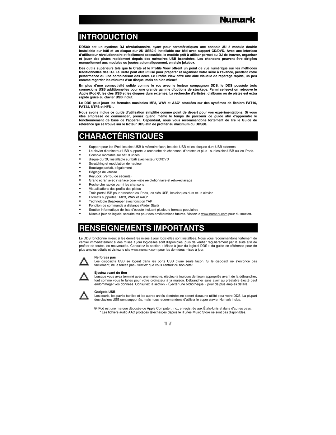 Numark Industries DDS80 quick start Introduction, Charactéristiques, Renseignements Importants 