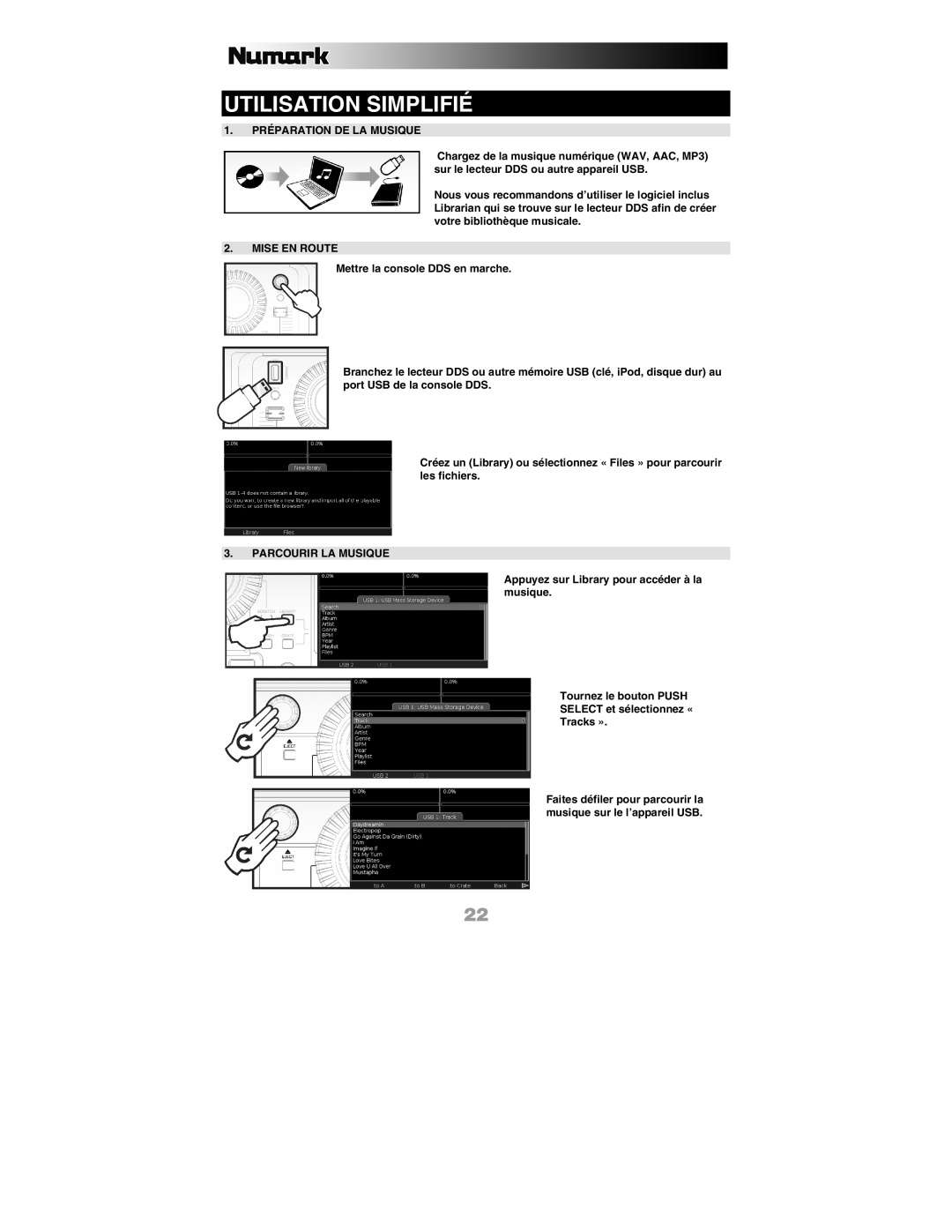 Numark Industries DDS80 quick start Utilisation Simplifié, Préparation DE LA Musique, Mise EN Route, Parcourir LA Musique 