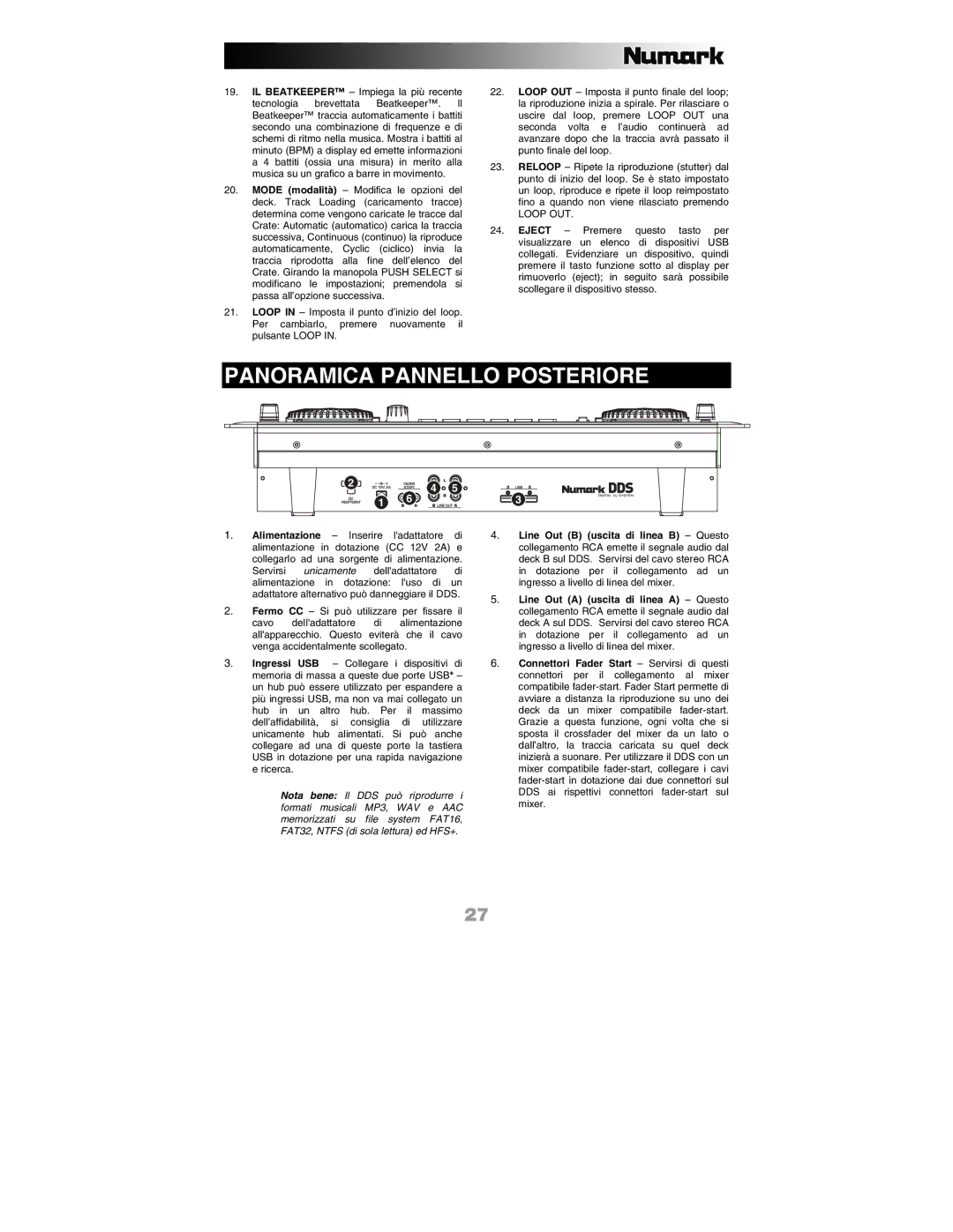 Numark Industries DDS80 quick start Panoramica Pannello Posteriore, Loop OUT 