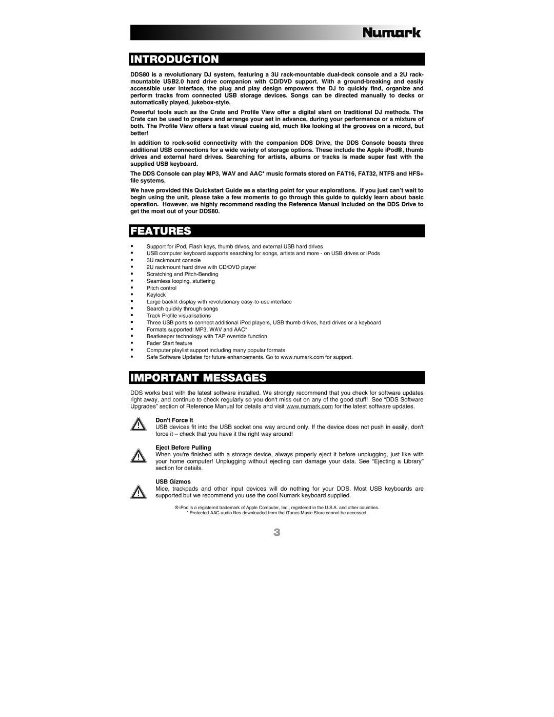 Numark Industries DDS80 quick start Introduction, Features, Important Messages 