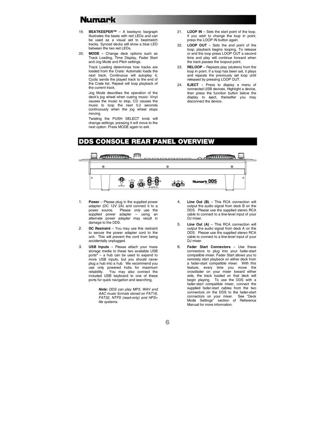 Numark Industries DDS80 quick start DDS Console Rear Panel Overview, 5 1 