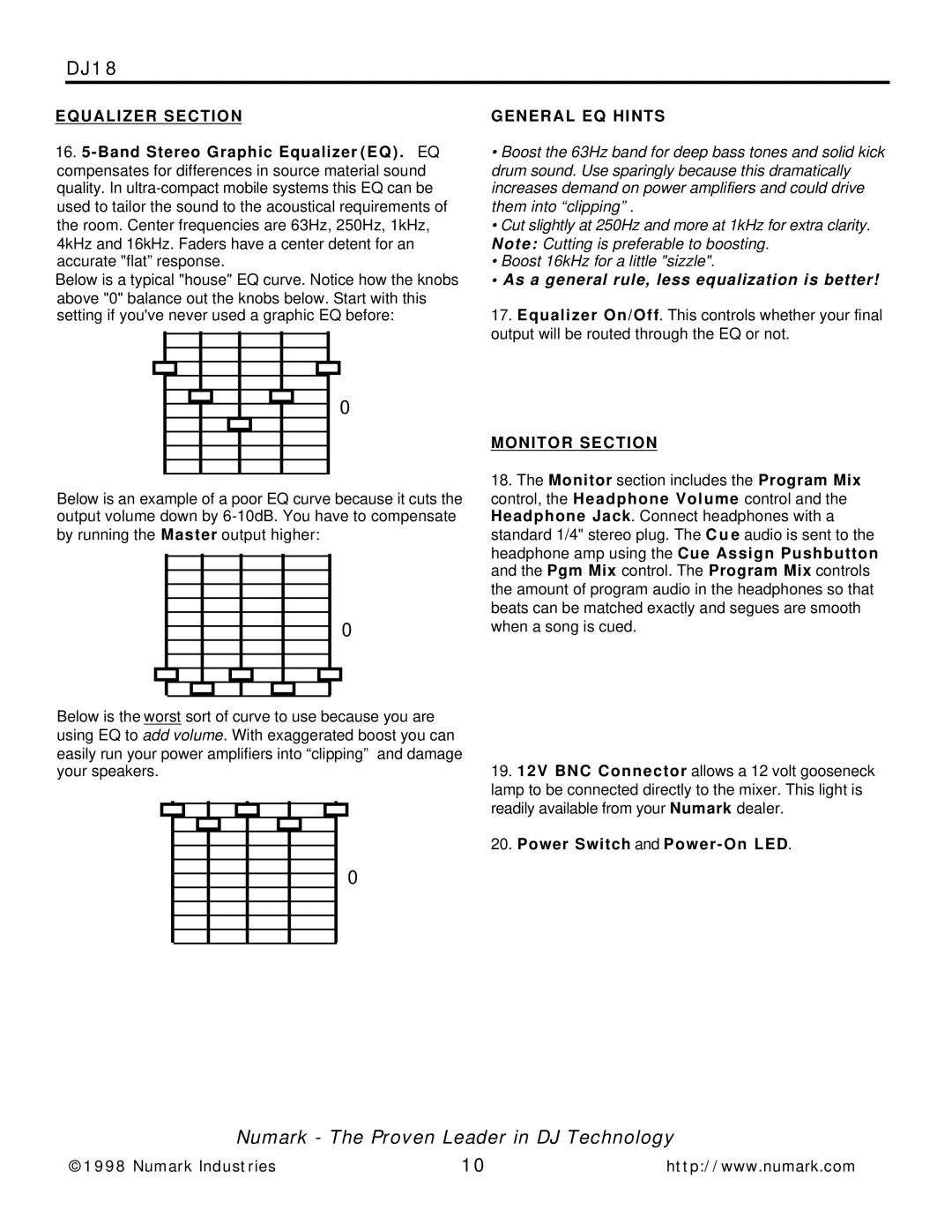 Numark Industries DJ-18 owner manual Equalizer Section, General EQ Hints, Monitor Section 