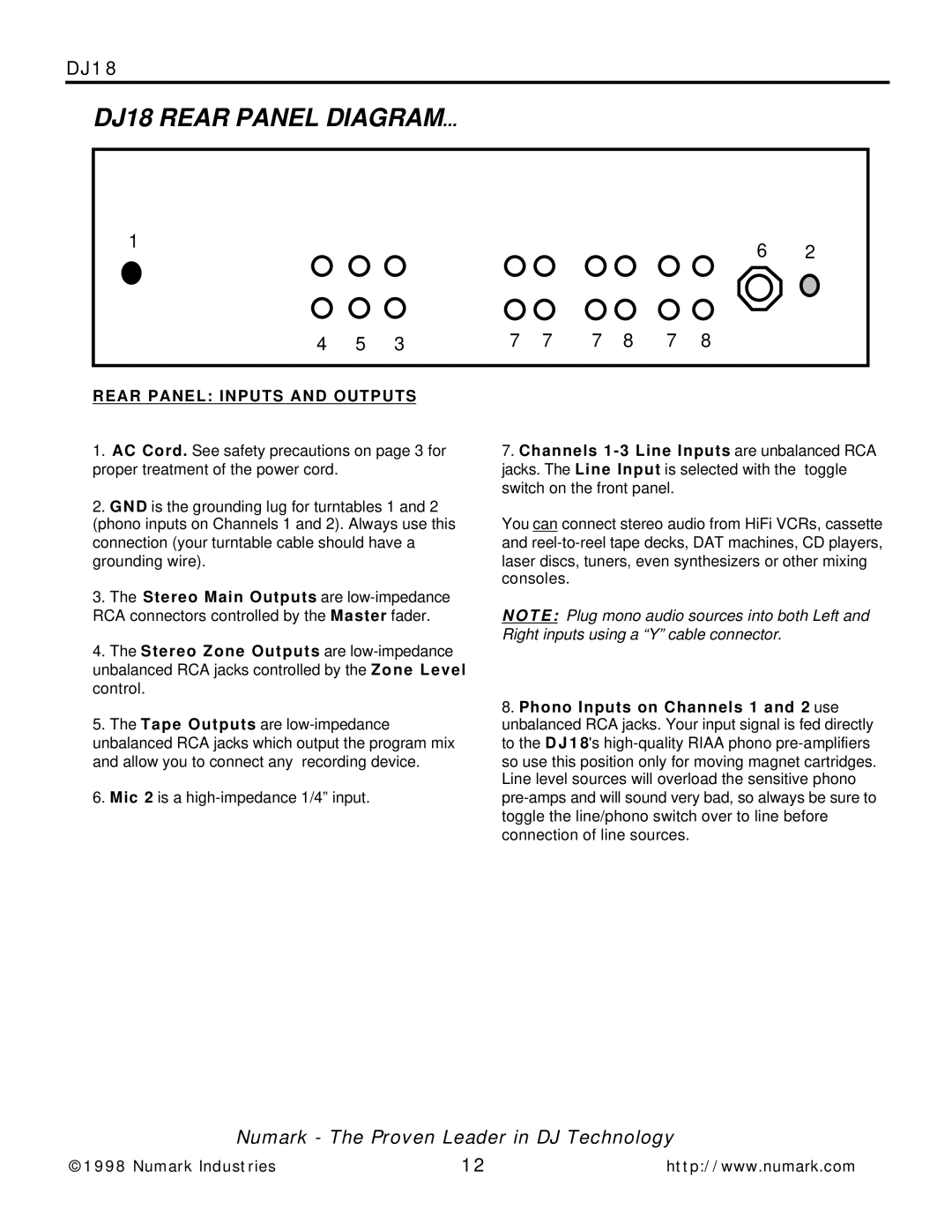 Numark Industries DJ-18 owner manual DJ18 Rear Panel Diagram, Rear Panel Inputs and Outputs 