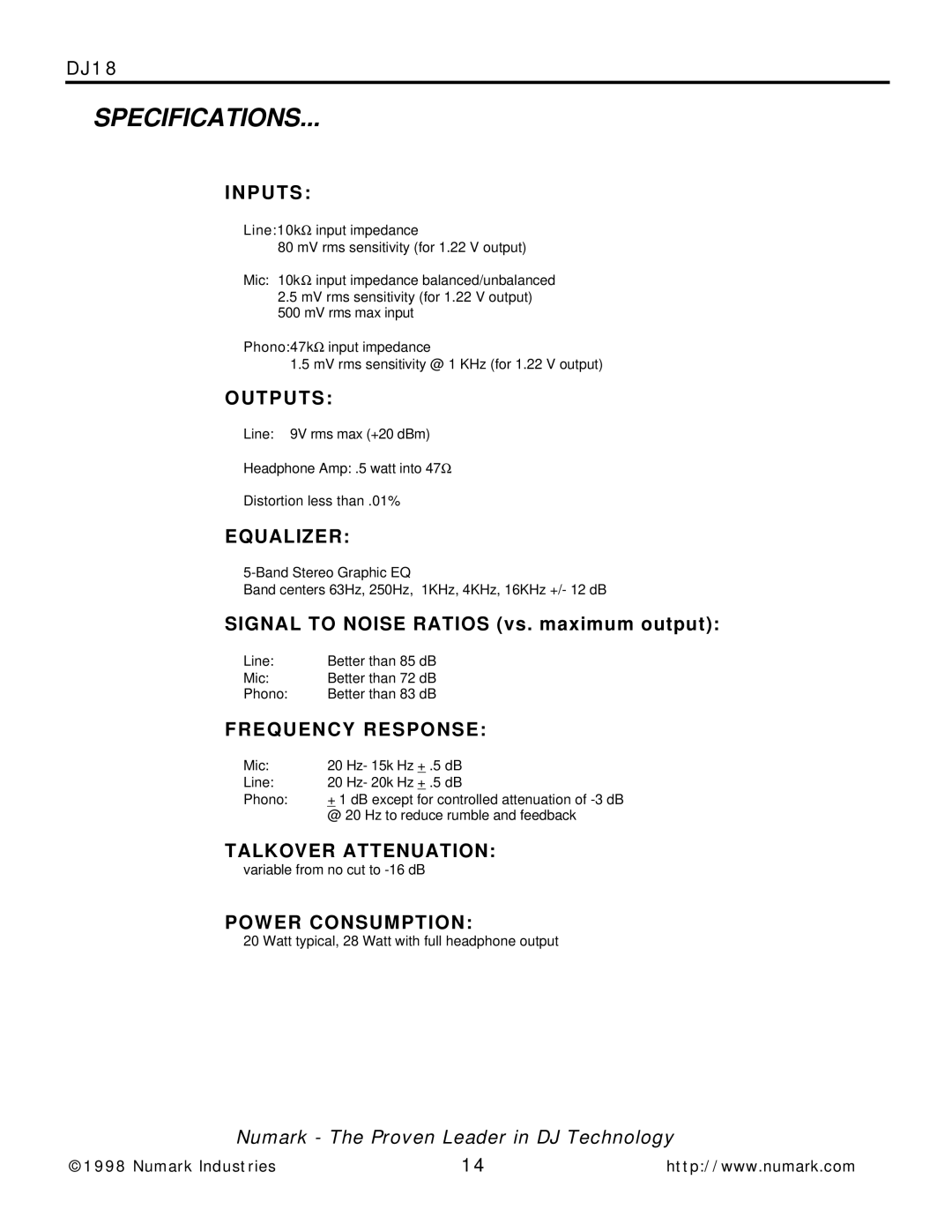 Numark Industries DJ-18 owner manual Specifications, P U T S 