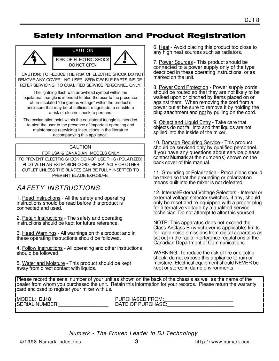 Numark Industries DJ-18 owner manual Safety Instructions 