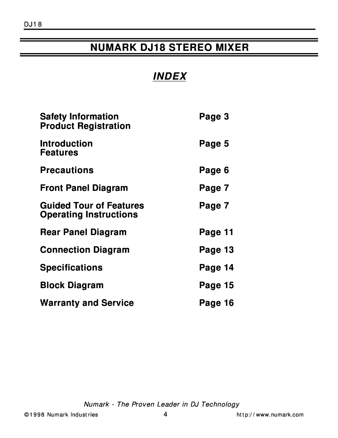 Numark Industries DJ-18 owner manual Index, NUMARK DJ18 STEREO MIXER 
