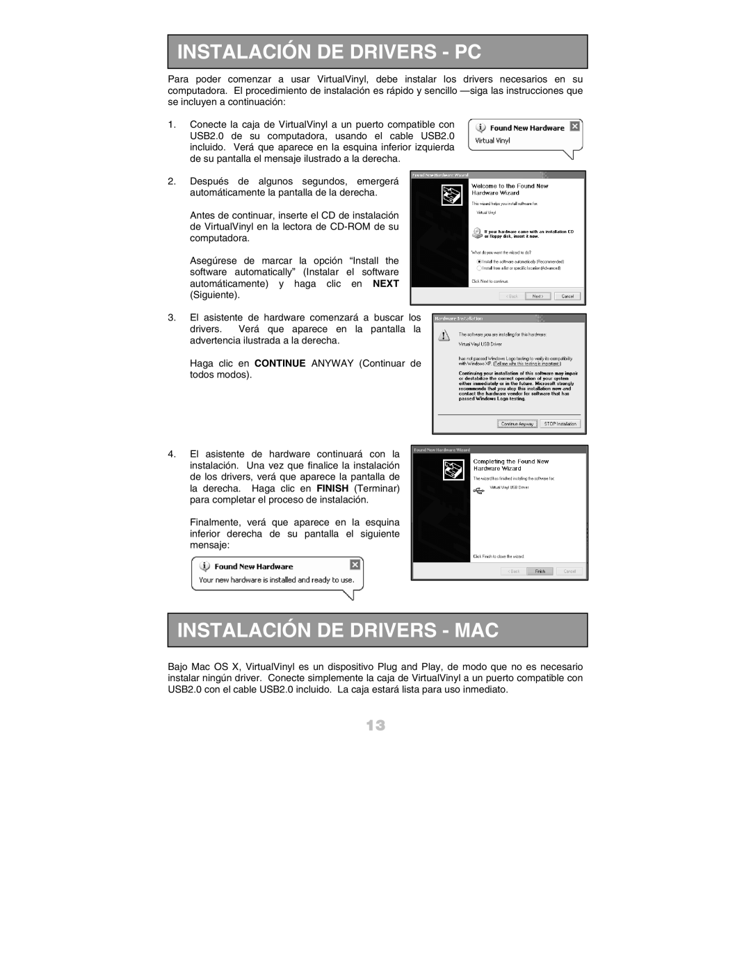 Numark Industries DJ Equipment quick start manual Instalación DE Drivers PC, Instalación DE Drivers MAC 