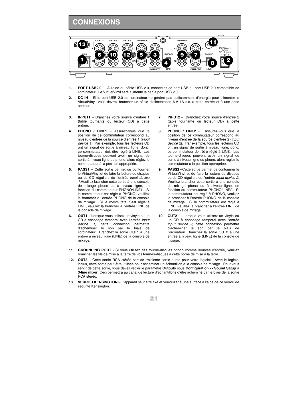 Numark Industries DJ Equipment quick start manual Connexions 