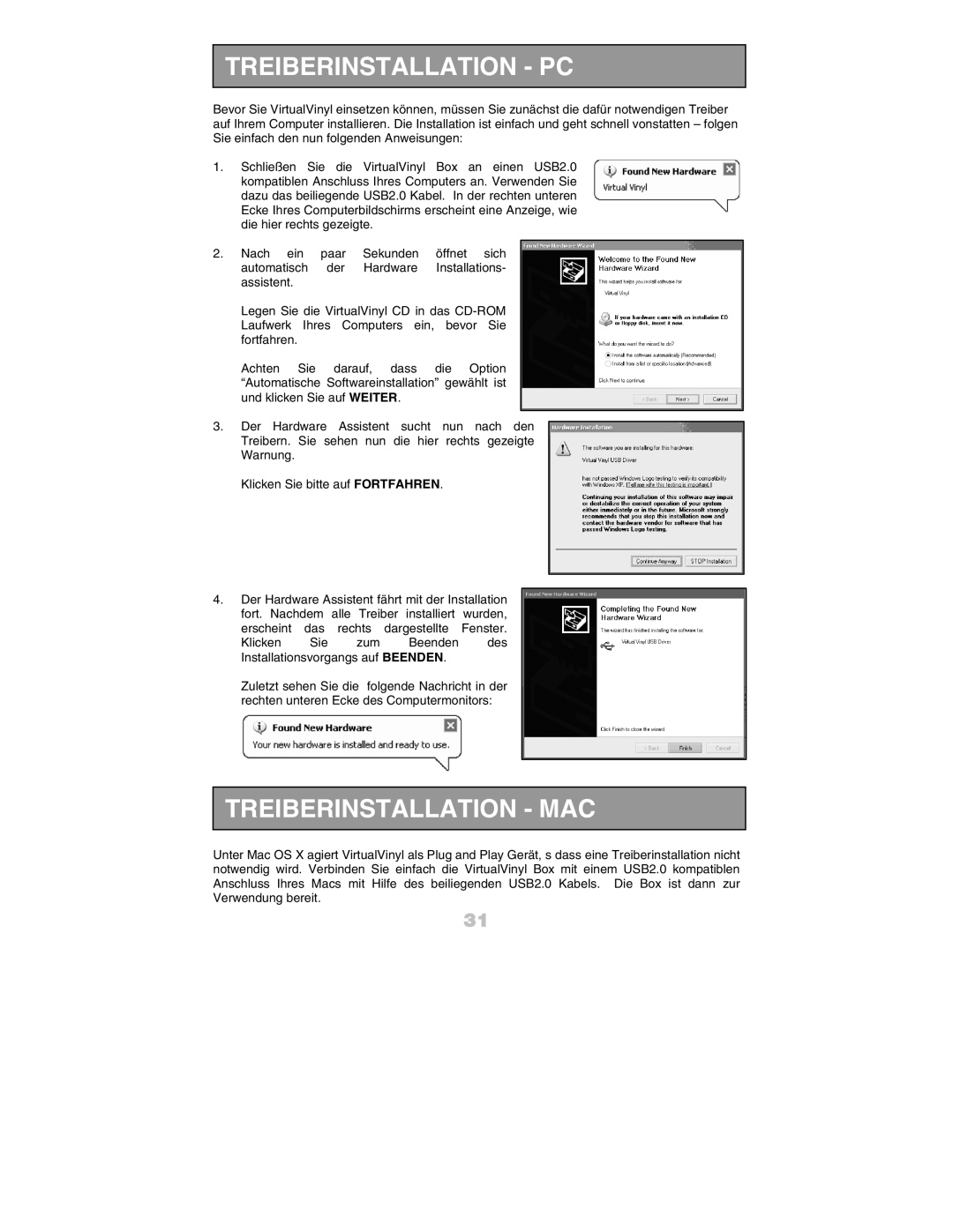 Numark Industries DJ Equipment quick start manual Treiberinstallation PC, Treiberinstallation MAC 