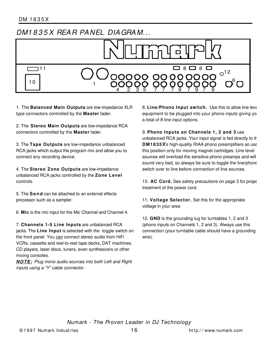 Numark Industries DM 1835X owner manual DM1835X Rear Panel Diagram 