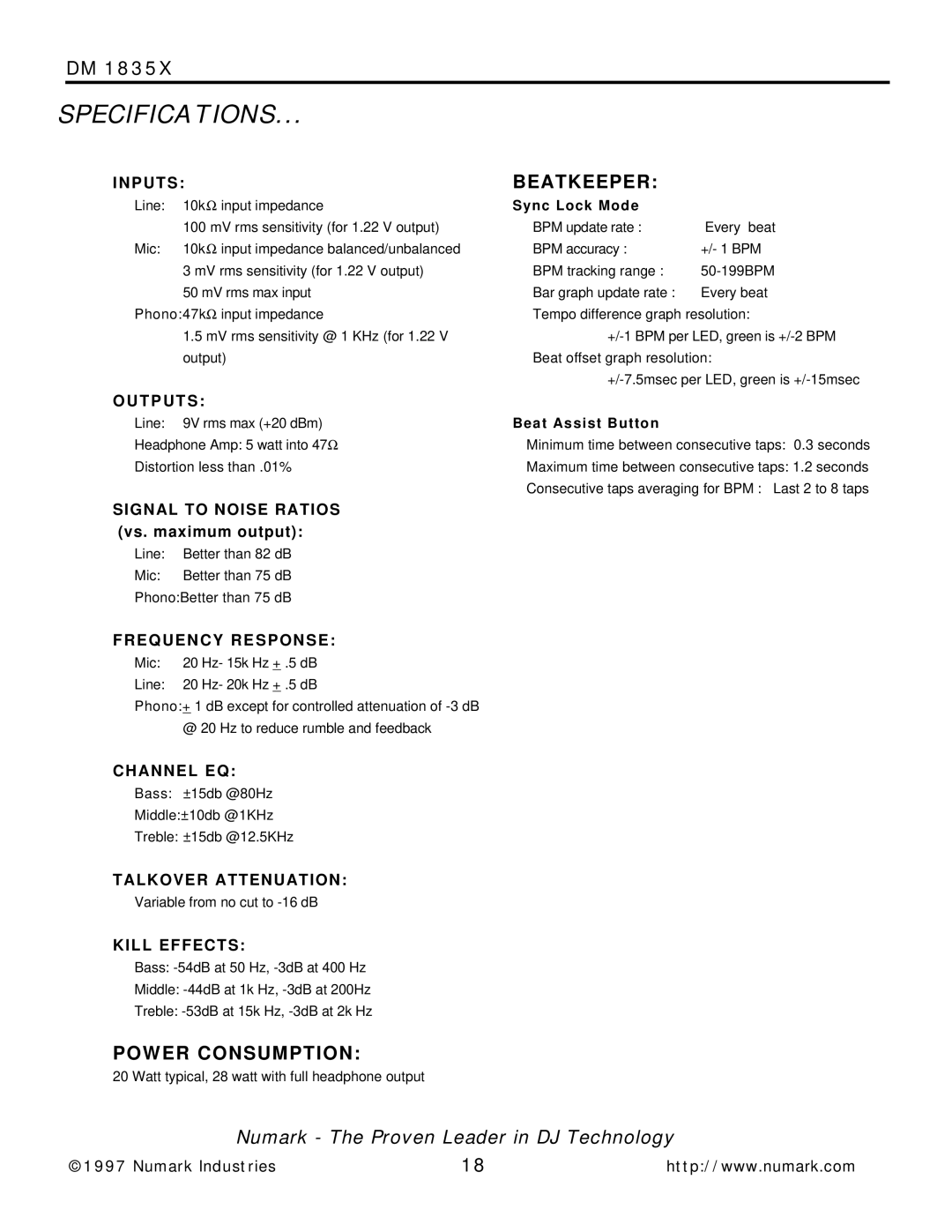 Numark Industries DM 1835X owner manual Specifications, T P U T S, Signal to Noise Ratios vs. maximum output 